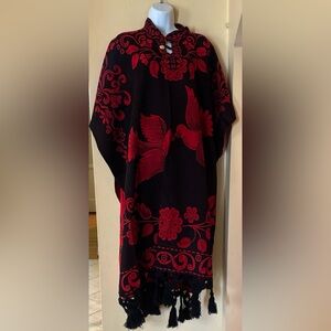 Black and Red Bird Patterned Poncho One size fits most